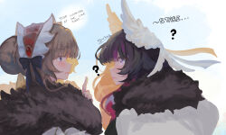 2girls ? black_hair blue_eyes blush bonnet brown_hair closed_mouth coat columbina_(genshin_impact) english_text fatui_coat fur-trimmed_coat fur-trimmed_hood fur_hood fur_trim genshin_impact hair_ornament hashtag-only_commentary head_wings headdress hood kitsunetenma long_hair long_sidelocks multicolored_hair multiple_girls multiple_wings open_mouth purple_streaks sandrone_(genshin_impact) short_hair_with_long_locks sidelocks staring streaked_hair two-tone_hair unusually_open_eyes white_coat white_headdress white_wings wing_hair_ornament wings winter_clothes winter_coat yuri 
