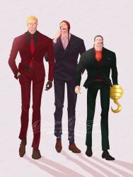  3boys absurdres ascot black_suit blonde_hair brothers brown_shoes collared_shirt commentary crocodile_(one_piece) dated donquixote_doflamingo donquixote_rocinante full_body hair_slicked_back hand_in_pocket highres hood hook_hand loki_illust looking_at_viewer male_focus multiple_boys necktie one_piece orange_ascot red_necktie red_suit shirt shoes short_hair siblings socks suit sunglasses untranslatable_commentary 
