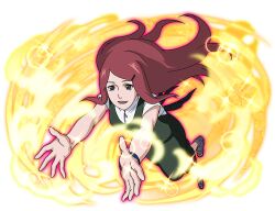  1girl dress green_dress long_hair looking_at_viewer naruto_(series) naruto_shippuuden naruto_shippuuden:_ultimate_ninja_blazing official_art open-toe_boots open_mouth outstretched_arms red_hair shirt short_sleeves sleeveless sleeveless_dress solo uzumaki_kushina white_shirt 