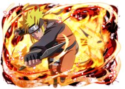  1boy black_gloves black_jacket blonde_hair blue_eyes clenched_hands facial_mark fingerless_gloves forehead_protector gloves holding holding_kunai holding_weapon jacket konohagakure_symbol kunai kurama_(naruto) looking_at_viewer multicolored_jacket naruto_(series) naruto_shippuuden:_ultimate_ninja_blazing official_art orange_jacket orange_pants pants short_hair solo two-tone_jacket weapon whisker_markings 