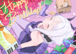 1girl absurdres blue_archive blue_flower blue_rose blush breasts demon_girl demon_horns demon_wings dress elbow_gloves flower gloves happy_birthday highres hina_(blue_archive) hina_(dress)_(blue_archive) horns jewelry low_wings pendant purple_dress red_flower red_rose rose sainarohh sitting small_breasts smile solo wings 