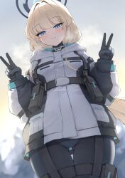  1girl absurdres ass_visible_through_thighs black_gloves blonde_hair blue_archive blue_eyes blue_halo blue_sky blue_streaks blurry blurry_background bodysuit breasts breath closed_mouth commentary double_v from_below gloves halo hands_up highres jacket light_blush long_hair looking_at_viewer low_ponytail multicolored_hair official_alternate_costume outdoors ponytail sky small_breasts smile solo streaked_hair thigh_gap toki_(armed)_(blue_archive) toki_(blue_archive) tol10131 v white_jacket yellow_sky 