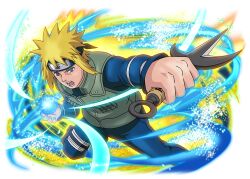  1boy blonde_hair blue_eyes blue_jacket blue_pants flak_jacket forehead_protector green_jacket holding holding_weapon jacket konohagakure_shinobi_uniform konohagakure_symbol looking_at_viewer namikaze_minato naruto_(series) naruto_shippuuden naruto_shippuuden:_ultimate_ninja_blazing official_art open_mouth pants rasengan reverse_grip short_hair solo teeth weapon 