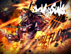  1boy animification black_shirt brown_hair character_name commentary dj_myosuke ear_piercing english_commentary english_text facial_hair fire glasses goatee hardcore_tano-c highres j-core japanese_stream_hardcore kim_(mythrilwarheads) long_hair long_sleeves male_focus mustache open_mouth piercing real_life round_eyewear sharp_teeth shirt solo teeth tinted_eyewear upper_body 