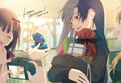  4girls absurdres amami_haruka birthday black_sweater blue_hair box brown_eyes camera commentary_request dated day digital_camera gift gift_box happy_birthday highres holding holding_camera holding_gift hoshii_miki idolmaster idolmaster_(classic) indoors kisaragi_chihaya kuzuya_ramurin long_hair long_sleeves multiple_girls open_mouth out_of_frame smile stuffed_animal stuffed_toy sweater taking_picture teddy_bear 