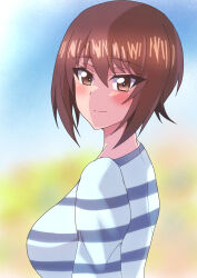  1girl absurdres blue_sky blurry blurry_foreground blush breasts brown_eyes brown_hair casual commentary_request eyes_visible_through_hair from_side girls_und_panzer hair_between_eyes highres large_breasts long_sleeves looking_at_viewer looking_back nishizumi_maho shirt short_hair sky smile solo striped_clothes taotor turning_head upper_body white_shirt 