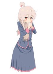  1girl 4uys ahoge blazer blue_jacket blue_skirt blush breath brown_eyes brown_hair brown_scarf colored_inner_hair commentary cropped_legs hair_between_eyes highres interlocked_fingers jacket long_hair multicolored_hair onii-chan_wa_oshimai! open_mouth own_hands_together oyama_mahiro pink_hair pleated_skirt scarf school_uniform sidelocks simple_background skirt solo white_background 