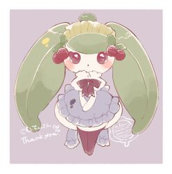  1girl :o apron blush bow cherry_hair_ornament colored_skin commentary_request dress food-themed_hair_ornament green_hair hair_ornament looking_up mkt_(buizu-miki) pink_eyes pokemon pokemon_(creature) pokemon_focus simple_background solo steenee thank_you twitter_username white_skin 