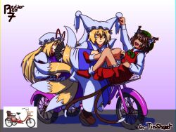  3girls :| ^_^ animal_ears arm_rest arm_up basket bicycle_basket blonde_hair blue_tabard blue_trim bow bowtie brown_hair cat_ears cat_girl cat_tail chen clenched_hand closed_eyes closed_mouth commentary commission commissioner_name covering_face double-parted_bangs dress dress_over_shirt english_commentary fox_girl fox_tail frilled_dress frills gradient_background green_bow green_bowtie green_hat grey_background hair_between_eyes hand_fan hat hat_ribbon highres holding holding_fan in_basket in_container long_hair long_sleeves mob_cap multiple_girls multiple_tails open_mouth photo-referenced puffy_long_sleeves puffy_sleeves purple_background purple_tabard raised_fist red_dress red_ribbon red_shoes redlerred7 reference_inset ribbon shirt shoes short_hair shouting signature sitting sleeveless sleeveless_dress smile socks swept_bangs tabard tail teeth touhou tricycle upper_body upper_teeth_only white_background white_dress white_hat white_shirt white_socks wide_sleeves yakumo_ran yakumo_yukari yellow_eyes 