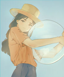  1girl ball beachball black_pants blue_background brown_eyes brown_hair closed_mouth commentary grayfox hat highres holding holding_ball holding_beachball orange_shirt original pants santa_hat shirt short_sleeves simple_background solo thick_eyebrows upper_body 