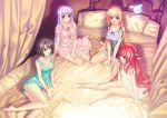  absurdres ankle_cuffs barefoot bed blonde_hair breasts brown_hair cleavage corticarte_apa_lagranges feet highres kannatsuki_noboru lingerie long_hair multiple_girls nightgown orange_eyes panties purple_eyes purple_hair red_eyes red_hair ribbon shinkyoku_soukai_polyphonica short_hair sitting tsuge_eufinley underwear yugiri_perserte yugiri_princesca 