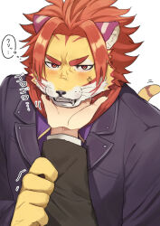  1boy anger_vein black_jacket blush commentary_request embarrassed fangs furrowed_brow furry furry_male hand_on_another's_chin highres jacket lion_boy male_focus nomad_(housamo) pov red_eyes red_hair short_hair simple_background solo_focus speech_bubble thought_bubble tokyo_afterschool_summoners upper_body white_background yano_(zri_088) 