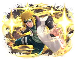  1boy black_boots black_shirt blonde_hair blue_eyes blue_pants boots coat flak_jacket flame_print forehead_protector jacket konohagakure_symbol layered_sleeves long_sleeves looking_at_viewer namikaze_minato naruto_(series) naruto_shippuuden:_ultimate_ninja_blazing official_art open-toe_boots open_clothes open_coat pants print_coat shirt short_hair short_over_long_sleeves short_sleeves solo white_coat 