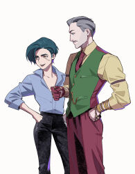  1boy 1girl age_difference animification black_pants blue_shirt bracelet collared_shirt commentary cowboy_shot dragon_age emmrich_volkarin english_commentary facial_hair green_hair green_vest grey_hair highres jewelry mature_male mustache necktie nicca_(nicca11y) pants pencil_mustache pixie_cut pocket_watch purple_necktie purple_pants ring rook_(dragon_age) scar scar_on_face shirt short_hair vest watch white_background yellow_eyes 