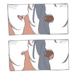  2girls black_hair blush brown_hair chocolate commentary highres miyagi_shiori mouth_hold multiple_girls oki_jerry_dori open_mouth profile sendai_hazuki shuuniichido_classmate_wo_kau_hanashi simple_background smile tongue untranslatable_commentary white_background yuri 
