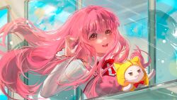  1girl :3 absurdres ahoge animal artist_request bow bowtie brown_eyes cat clenched_hands cloak closed_mouth clothed_animal clothes_writing collared_shirt commentary day dot_nose dress ear_covers english_commentary eyelashes floating_hair frilled_shirt_collar frilled_sleeves frills hand_in_own_hair happy high_collar highres hood hood_up hooded_cloak light_blush long_hair long_sidelocks long_sleeves momo_(nikki) nikki_(nikki) nikki_(series) official_art official_wallpaper open_mouth outdoors pinafore_dress pink_dress pink_hair plaid_clothes plaid_dress red_bow red_bowtie second-party_source shining_nikki shirt sidelocks sleeveless sleeveless_dress sleeves_past_wrists smile teeth traditional_bowtie upper_body upper_teeth_only v-shaped_eyebrows very_long_hair wavy_hair whiskers white_cat white_shirt wind window yellow_cloak 