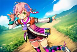  1girl ai-generated blue_sky commentary dirt_road eiyuu_densetsu english_commentary lino_orion non-web_source original pink_hair road sen_no_kiseki_(series) short_hair sky smile solo solo_focus 
