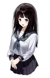  1girl black_hair black_sailor_collar black_skirt chitanda_eru commentary_request grey_neckerchief highres hyouka kamiyama_high_school_uniform_(hyouka) long_hair neckerchief pleated_skirt sailor_collar sailor_shirt school_uniform shirt simple_background skirt solo violet_eyes white_background white_shirt winter_uniform yuuhi_mari 