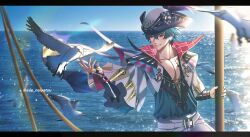  1boy bird blue_hair blue_shirt blue_sky brant_(wuthering_waves) collarbone commentary day english_commentary hair_between_eyes hat highres letterboxed male_focus ocean open_clothes open_shirt outdoors parted_lips pink_eyes sae_naiyatsu shirt short_hair sky smile solo tacet_mark_(wuthering_waves) tricorne twitter_username white_bird wuthering_waves 