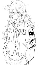  1girl absurdres alternate_costume bandaid bandaid_on_face closed_mouth commentary contemporary cross cross_earrings deburi276 ear_piercing earrings english_commentary greyscale hands_in_pockets highres jacket jewelry kirisame_marisa long_hair looking_at_viewer monochrome mushroom necklace no_headwear open_clothes open_jacket pants pendant piercing sketch solo squiggle star_(symbol) star_print touhou yin_yang yin_yang_print 