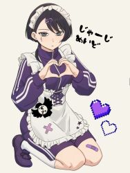  1girl apron asymmetrical_bangs bandaid bandaid_on_leg black_hair commentary_request cross_tattoo expressionless facial_tattoo full_body grey_background grey_eyes heart heart_hairclip heart_hands highres jacket jersey_maid kagurabachi kneehighs kneeling looking_at_viewer maid maid_apron maid_headdress pants pixel_art purple_jacket purple_shoes purple_shorts rik_(rik_uyo06) shoes short_hair shorts simple_background socks solo sumi_(kagurabachi) tattoo track_pants translation_request unconventional_maid white_socks 