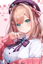  1girl beret black_bow black_bowtie blue_eyes blue_gem blush bow bowtie breasts brooch brown_hair cardigan center_frills closed_mouth collared_shirt commentary_request frilled_shirt frills gem hair_ornament hairclip hat hat_bow high-waist_skirt jewelry large_breasts long_sleeves looking_at_viewer loose_hair_strand nail_polish nijisanji partially_unbuttoned pink_background pink_bow pink_cardigan pink_nails shirt skirt smile solo suzuhara_lulu suzuhara_lulu_(1st_costume) swept_bangs upper_body virtual_youtuber white_shirt x_hair_ornament yuki_haru 