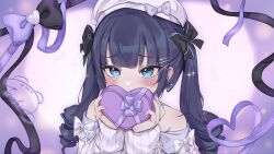  1girl absurdres bare_shoulders beret black_ribbon blue_eyes blue_hair blush bow box character_request commentary_request copyright_request drill_hair embarrassed gift hair_ribbon hat hat_bow heart-shaped_box highres holding holding_box holding_gift incoming_gift long_hair looking_at_viewer purple_nails purple_ribbon ribbon sparkle sweater tanoki233 twin_drills upper_body valentine virtual_youtuber white_bow white_hat white_sweater 