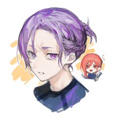  2boys annoyed blue_lock blue_shirt braid chibi chigiri_hyoma commentary_request hair_brush high_ponytail highres holding light_blush long_hair long_sleeves male_focus mikage_reo multiple_boys open_mouth ponytail portrait purple_hair red_eyes red_hair shirt short_ponytail smile sweater teeth violet_eyes white_background ysokzo 