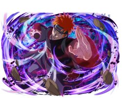  1boy akatsuki_uniform amegakure_symbol barbell_piercing black_coat coat ear_piercing face_piercing forehead_protector industrial_piercing looking_at_viewer naruto_(series) naruto_shippuuden:_ultimate_ninja_blazing nose_piercing official_art orange_hair pain_(naruto) piercing print_coat rinnegan short_hair solo spiky_hair teeth violet_eyes 