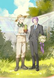  absurdres alternate_costume ballro black_boots black_jacket black_pants black_shoes blue_lock blue_necktie blue_sky boots bouquet bow brown_eyes cactus choki_(blue_lock) closed_eyes closed_mouth clouds flower garden gardener gardening glass gloves greenhouse hand_in_pocket hat highres holding holding_bouquet holding_plant jacket long_sleeves messy_hair mikage_reo nagi_seishirou necktie outdoors overalls pants plant purple_bow purple_hair purple_ribbon ribbon rose shirt shoes short_hair sky smile teeth tree white_flower white_gloves white_hair white_shirt 