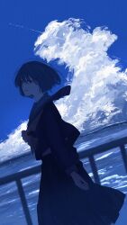  1girl banakotakemaru black_hair black_serafuku black_skirt blue_sky clouds commentary_request day dutch_angle film_grain from_side highres horizon long_sleeves looking_at_viewer looking_to_the_side neckerchief ocean original outdoors parted_lips railing school_uniform serafuku short_hair skirt sky solo water 