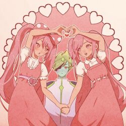  1boy 2girls bare_arms belt blue_skin bow broken_heart buttons captain_spaceboy closed_mouth colored_skin commentary cowboy_shot dark-skinned_female dark_skin dot_nose dress eyepatch fingernails frilled_dress frilled_sleeves frills green_hair hair_bow heart heart_background heart_hands heart_hands_duo highres holding_hands jacket light_blush light_frown long_dress long_hair looking_at_another maze_(xxxxmeze) multiple_girls official_alternate_hair_color omori open_mouth outline perfectheart_(omori) pinafore_dress pink_background pink_belt pink_bow pink_dress pink_eyes pink_hair pink_nails pink_theme polka_dot polka_dot_bow puffy_short_sleeves puffy_sleeves red_eyes short_hair short_sleeves shoulder_pads sleeveless sleeveless_dress smile standing straight-on sweetheart_(omori) teeth turtleneck turtleneck_jacket twintails untranslatable_commentary upper_teeth_only very_long_hair white_jacket white_outline zipper 