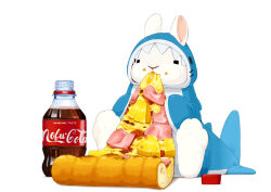  animal animal_costume animal_hood bottle bottle_cap brand_name_imitation coca-cola commentary_request crumbs eating food fruit ham hawaiian_pizza hood lilac_(p-f_easy) no_humans pineapple pineapple_on_pizza pineapple_slice pizza rabbit shark_costume shark_hood simple_background soda_bottle white_background white_rabbit_(animal) 