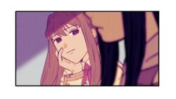  2girls black_hair brown_hair closed_mouth commentary fujino_shizuru fuuka_academy_school_uniform hand_on_own_face kuga_natsuki long_hair looking_at_another multiple_girls my-hime red_eyes sachison school_uniform 