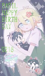  3boys angel angel_wings antenna_hair basil_(faraway)_(omori) basil_(headspace)_(omori) basil_(omori) blonde_hair blue_eyes character_doll character_name closed_eyes collared_shirt colored_skin commentary_request dated demon_boy demon_horns demon_wings doll double-parted_bangs dual_persona flower green_hair green_sweater_vest hair_between_eyes hair_flower hair_ornament halo happy_birthday highres holding holding_pitchfork holding_stuffed_toy horns looking_at_viewer male_focus mewo multiple_boys omori omori_(omori) parted_lips pino_ois1 pitchfork shirt short_hair sidelocks stuffed_toy sunny_(omori) sweater_vest white_shirt white_skin wings 