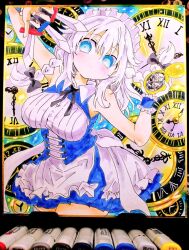  1girl apron black_bow blue_eyes blue_light blue_skirt blue_vest blue_wrist_cuffs blush bow braid braided_sidelocks breasts clock closed_mouth commentary_request dagger dot_mouth floating_hair frilled_wrist_cuffs frills green_light hair_between_eyes hair_bow holding holding_dagger holding_knife holding_pocket_watch holding_weapon izayoi_sakuya knife large_breasts looking_at_viewer low-tied_sidelocks maid_apron maid_headdress medium_hair painting_(medium) photo_(medium) pleated_skirt pocket_watch shirt sidelocks skirt sleeveless sleeveless_shirt solo striped_clothes striped_shirt touhou traditional_media upper_body vertical-striped_clothes vertical-striped_shirt vest watch weapon white-haired_man_(jimini_shijimi) white_apron white_shirt wrist_cuffs yukinadare_kiyotaka 