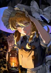  1girl :d apron black_hat black_vest blonde_hair bow braid commentary frilled_bow frills hat hat_bow highres holding holding_lantern kirisame_marisa lantern long_hair looking_at_viewer open_mouth pechika_01 shirt short_sleeves single_braid smile solo touhou twitter_username underlighting upper_body vest waist_apron white_bow white_shirt witch_hat yellow_eyes 