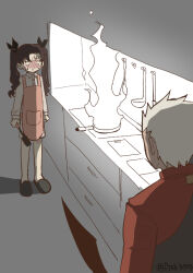  1boy 1girl :< apron archer_(fate) black_bodysuit black_ribbon black_slippers blank_eyes blush bodysuit brown_hair burning buttons chest_of_drawers clenched_hands collared_shirt commentary_request cutting_board dark-skinned_male dark_skin embarrassed fate/stay_night fate_(series) fire fish3775 floor from_behind frying_pan full_body grey_background hair_ribbon holding holding_spatula holding_sword holding_weapon indoors jacket kanshou_&amp;_bakuya_(fate) kitchen korean_commentary long_hair long_sleeves looking_at_another pink_apron pocket red_jacket ribbon shadow shirt short_hair shorts simple_background slippers spatula spiky_hair standing sweat sword tohsaka_rin twintails twitter_username upper_body v-shaped_eyebrows wavy_hair weapon white_hair white_shirt white_shorts 