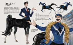  1boy absurdres baseball_cap black_hair blue_eyes blue_track_suit business_suit centaur chinese_text collared_shirt commentary_request crazy_eyes crazy_smile english_text feather_boa flower grin hat hazbin_hotel hellaverse highres horse_racing juanmao male_focus necktie open_mouth red_necktie shirt short_hair smile stadium suit taur track_suit vox_(hazbin_hotel) watch watch white_shirt yellow_flower 