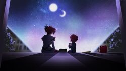  absurdres aged_down ahoge artist_name backpack bag baguette black_gloves black_shirt black_skirt bread character_request check_character cosplay cropped_jacket dated drill_hair elbow_gloves food from_behind gloves grey_shirt grey_skirt hair_ribbon highres holding holding_paper kasane_teto kasane_teto_(sv) kasane_teto_(utau) limbus_company medium_hair nai_ga_(style) night paper pleated_skirt project_moon randoseru re_qu1em red_bag red_hair ribbon ryoshu_(project_moon) ryoshu_(project_moon)_(cosplay) shirt sitting skirt sky spoilers star_(sky) synthesizer_v utau 