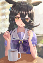  1girl ahoge animal_ears black_hair blush bow bowtie breasts coffee coffee_mug collarbone commentary_request cup ear_tag earrings hair_between_eyes highres horse_ears horse_girl jewelry long_bangs long_hair long_hair_between_eyes manhattan_cafe_(umamusume) mug multicolored_hair parted_lips puffy_short_sleeves puffy_sleeves purple_bow purple_bowtie purple_shirt sailor_collar sailor_shirt school_uniform shirt short_sleeves single_earring small_breasts solo steaming_cup sweatdrop table thurumu tracen_school_uniform umamusume upper_body very_long_hair white_hair white_sailor_collar yellow_eyes 