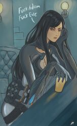 1girl 2024 angry black_hair cup deviantart drink female female_focus female_only frown frowning hollowed-puppy-chan light long_hair profanity raven_(stellar_blade) stellar_blade villain