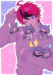  ! 6+boys :d :o ahoge anger_vein animal_ears animal_hands aotsuki_eito arm_up black_sclera black_streaks blue_eyes cat_boy cat_ears cat_tail censored character_censor chibi chibi_on_shoulder closed_eyes colored_sclera commentary drooling glasses grey_hair grey_jacket grey_sweater heart heart-shaped_pupils highres holding_chibi jacket jinseibonbaa kemonomimi_mode last_defense_academy_school_uniform male_focus mouth_hold multicolored_hair multiple_boys multiple_persona musical_note novelty_censor outline pink_background purple_background red_hair school_uniform short_hair sirei_(hundred_line) smile streaked_hair sumino_takumi sunglasses sweat sweater symbol-shaped_pupils tail the_hundred_line_-last_defense_academy- two-tone_background two-tone_hair untranslatable_commentary white_outline 