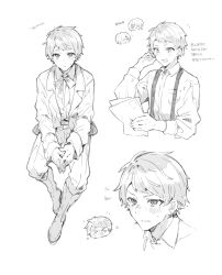  >_< 3boys astel_(ikeuchi_tanuma) blush boots character_request check_character chibi chibi_inset closed_mouth collared_shirt commentary_request cropped_torso dress_shirt flying_sweatdrops greyscale hand_up highres holding ikeuchi_tanuma jacket knee_boots loic_valentz long_sleeves male_focus monochrome multiple_boys multiple_views open_clothes open_jacket original own_hands_together pants rudy_(ikeuchi_tanuma) shirt simple_background suspenders sweat translation_request v-shaped_eyebrows white_background 