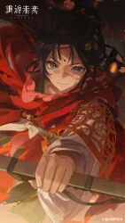  1girl absurdres black_hair blue_eyes chinese_clothes closed_mouth copyright_name copyright_notice facial_mark forehead_mark hair_branch hair_bun hanfu highres holding holding_sword holding_weapon jian_(weapon) logo long_hair looking_at_viewer mole mole_above_eye official_art official_wallpaper outstretched_arm paper_heron red_hanfu reverse:1999 scar scar_on_face sheath sheathed solo sword upper_body v-shaped_eyebrows weapon 