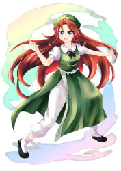  1girl absurdres beret black_shoes blue_eyes braid collared_shirt commentary full_body green_hat green_skirt green_vest hajimakura hat hat_ornament highres hong_meiling long_hair pants puffy_short_sleeves puffy_sleeves red_hair shirt shoes short_sleeves side_slit skirt smile socks solo star_(symbol) star_hat_ornament touhou twin_braids very_long_hair vest white_pants white_shirt white_socks 