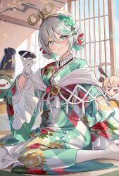  2girls absurdres animal_ears aoi_13 architecture bonsai bottle brown_hair cecilia_immergreen cecilia_immergreen_(new_year) chibi choko_(cup) commentary_request cup east_asian_architecture gigi_murin gigi_murin_(new_year) gloves green_kimono green_streaks grey_hair heater highres holding holding_cup hololive hololive_english japanese_clothes kimono kotatsu looking_at_viewer medium_hair multicolored_hair multiple_girls no_shoes official_alternate_costume otomo_(cecilia_immergreen) sake_bottle solo streaked_hair table two-tone_hair virtual_youtuber white_gloves white_kimono winding_key 