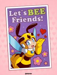  1girl absurdres antlers bee_wings blue_eyes commentary efextex english_commentary eyeshadow flower happy heart heart_background highres honey_woman horns insect_wings makeup mega_man_(series) pink_background pink_flower pun purple_eyeshadow robot_girl twitter_username valentine_card wings 