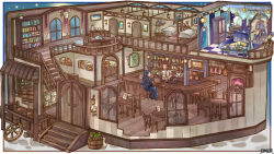  1boy 1girl alarm_clock alcohol animal_skull balcony bar_(place) barrel bed blue_dress blue_hair book bookshelf border bottle bull cat chair chigu clock collared_shirt commentary_request commission cooking cup dairoku_ryouhei dress drinking_glass eating fireplace floorplan food frying_pan highres horns hourglass lantern long_hair meat medium_hair mirror nightstand olio_yeraki outside_border picture_frame plant potted_plant pouring red_hair red_wine rug shirt sign snake stool table tavern telescope theo_yeraki tile_floor tiles vanity_table vase wardrobe wheel wine wine_bottle wine_glass 