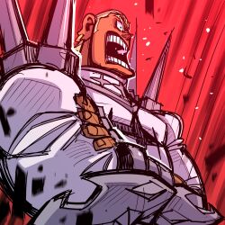  1boy absurdres blonde_hair commentary crossed_arms dark-skinned_male dark_skin earrings fingernails gamagoori_ira hair_slicked_back highres jewelry kill_la_kill korean_commentary little_mojoi muscular muscular_male open_mouth red_background school_uniform shoulder_spikes shouting sketch solo spikes teeth 